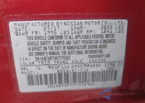 2017 Nissan Sentra Sv from USA, damaged, VIN 3N1AB7AP7HY376962